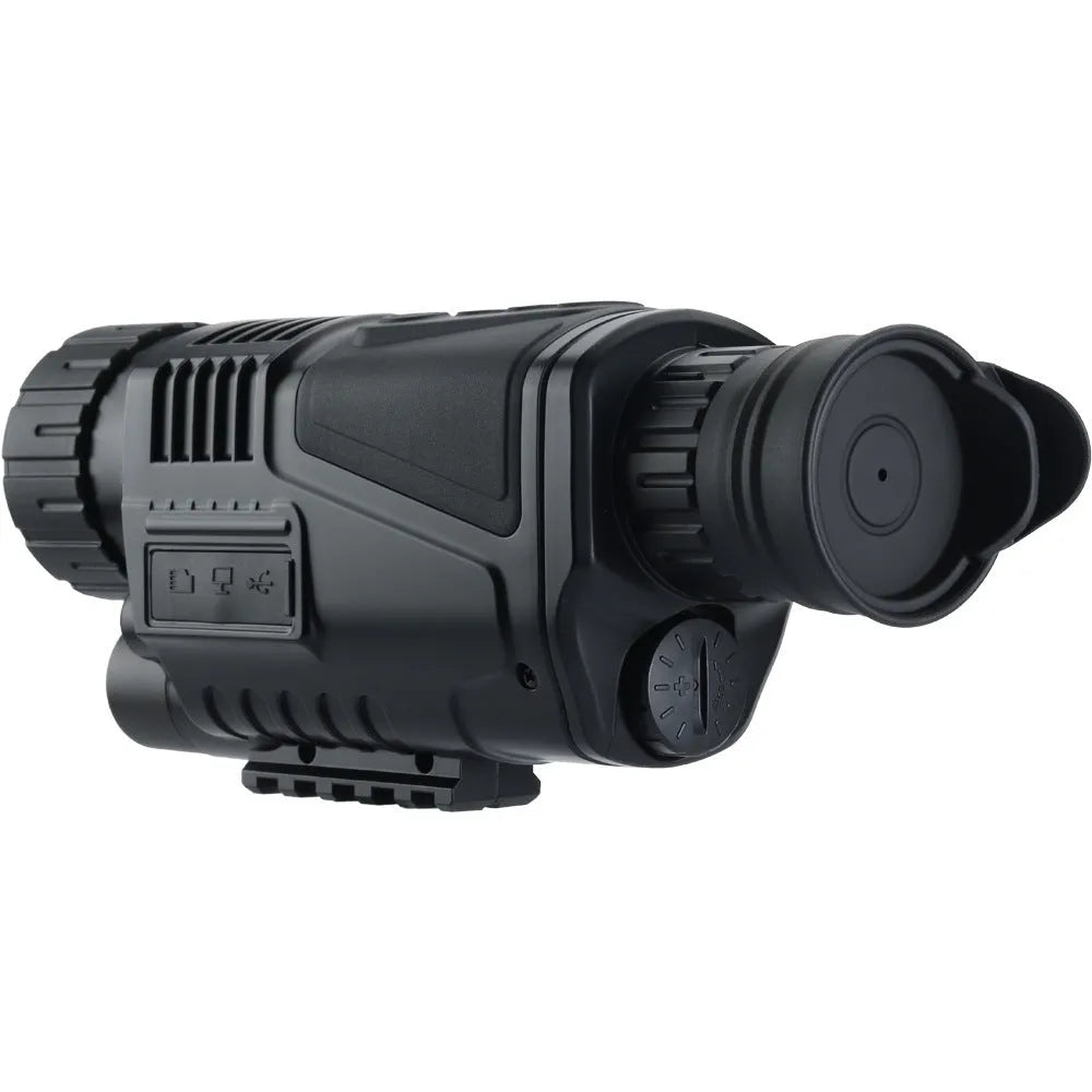 Black infrared digital night vision telescope with 40mm lens on a table with storage bag and cables.