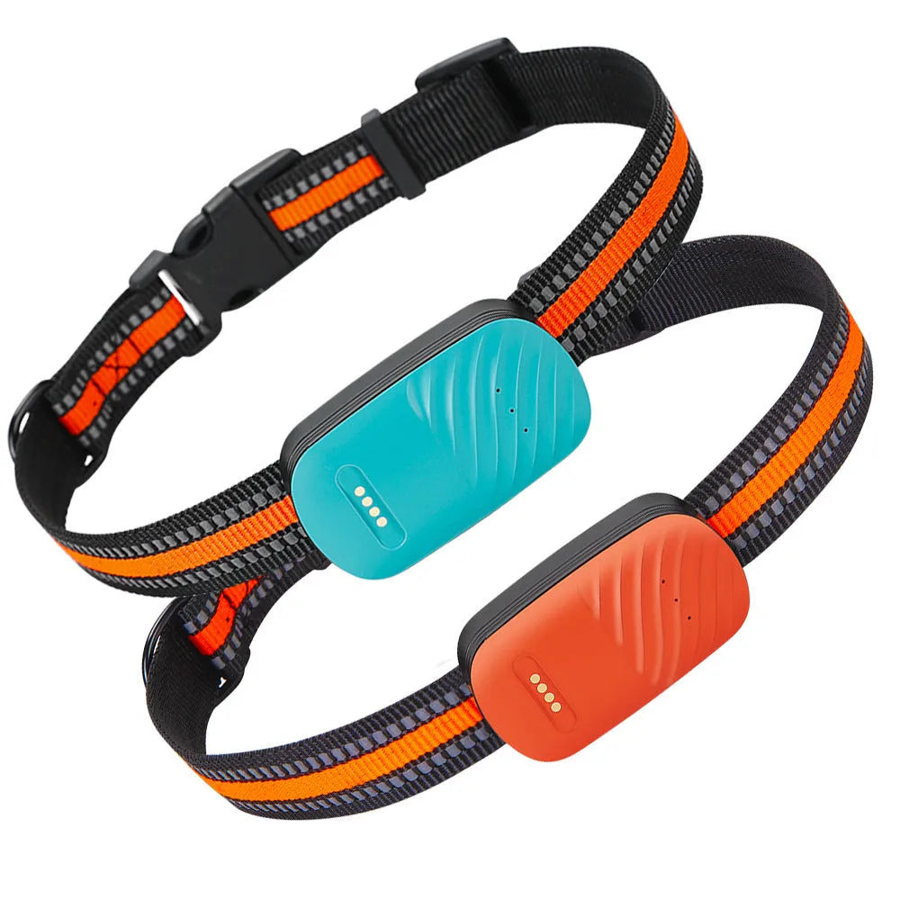Blue and orange pet GPS tracker with 4G LTE and SOS for dogs and cats, waterproof collar mount