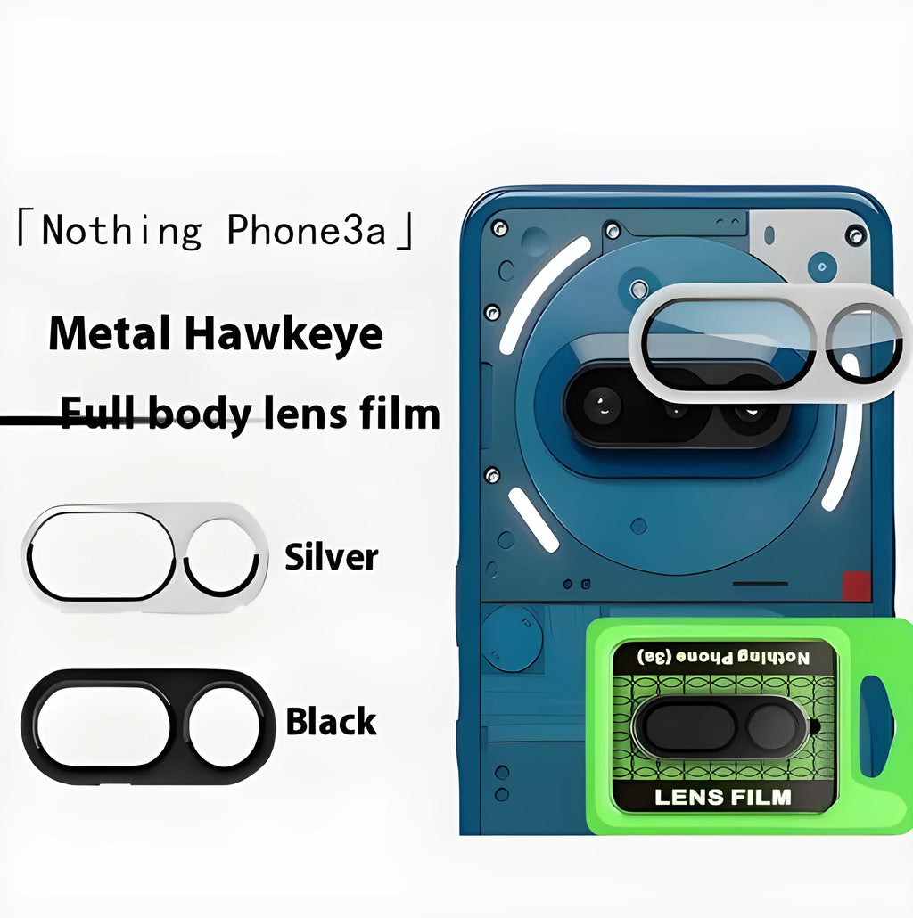 Tempered glass camera lens protective film for Nothing Phone 3a, shown in transparent and metal eagle eye styles.