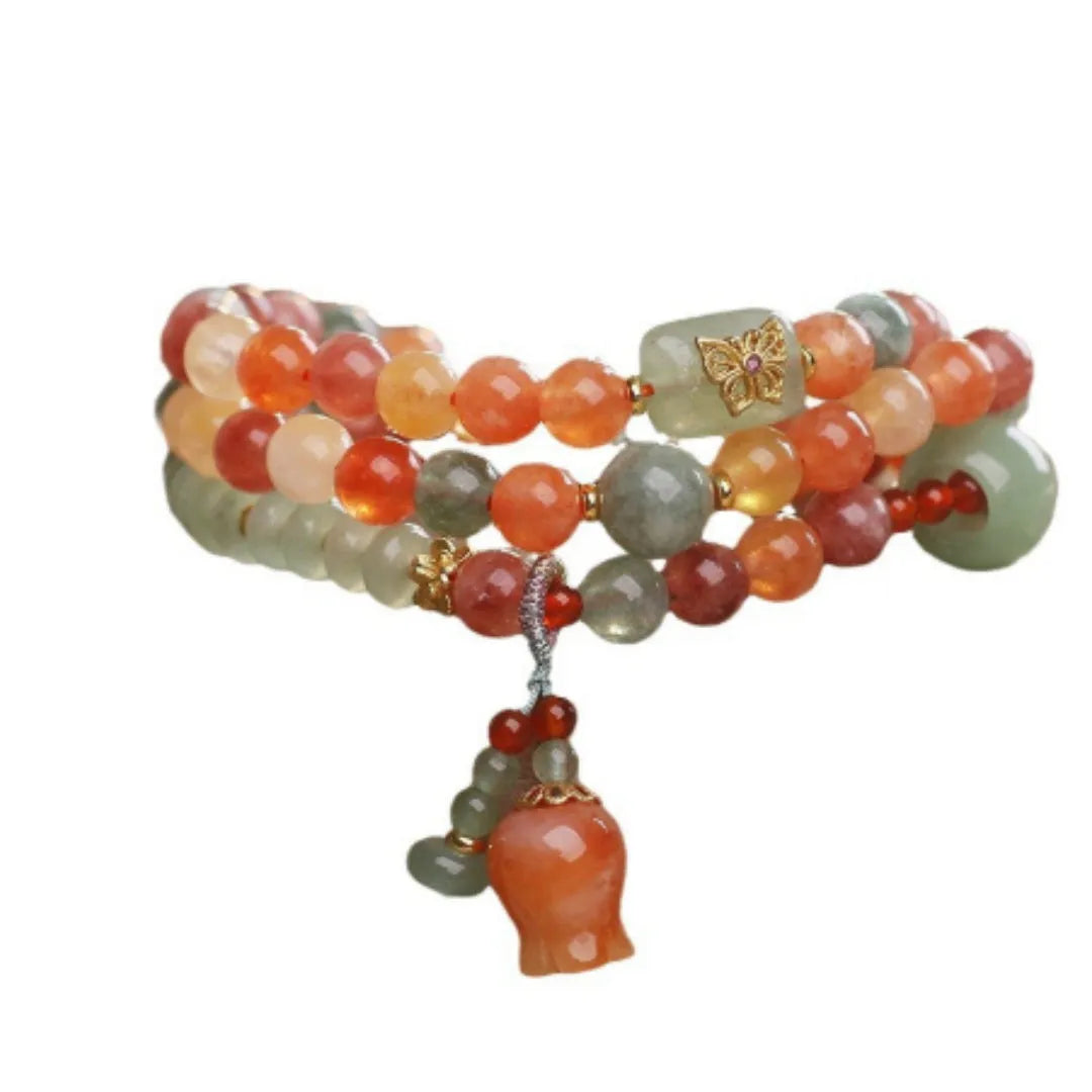 Natural Xinjiang Jinsi Jade multi-circle bracelet with round beads and flower-shaped lily pendant for women