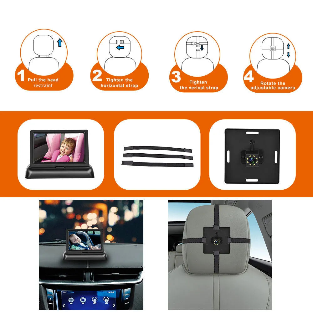 Black 12-24V folding screen baby car monitor with infrared camera on dashboard
