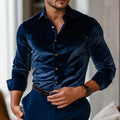 Men's casual long sleeve solid colour cardigan shirt in polyester, loose fit, blue colour