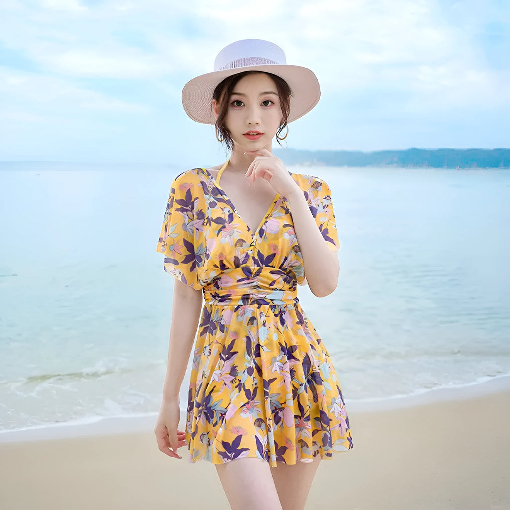 Yellow floral pattern women's one-piece swimsuit in polyester fabric