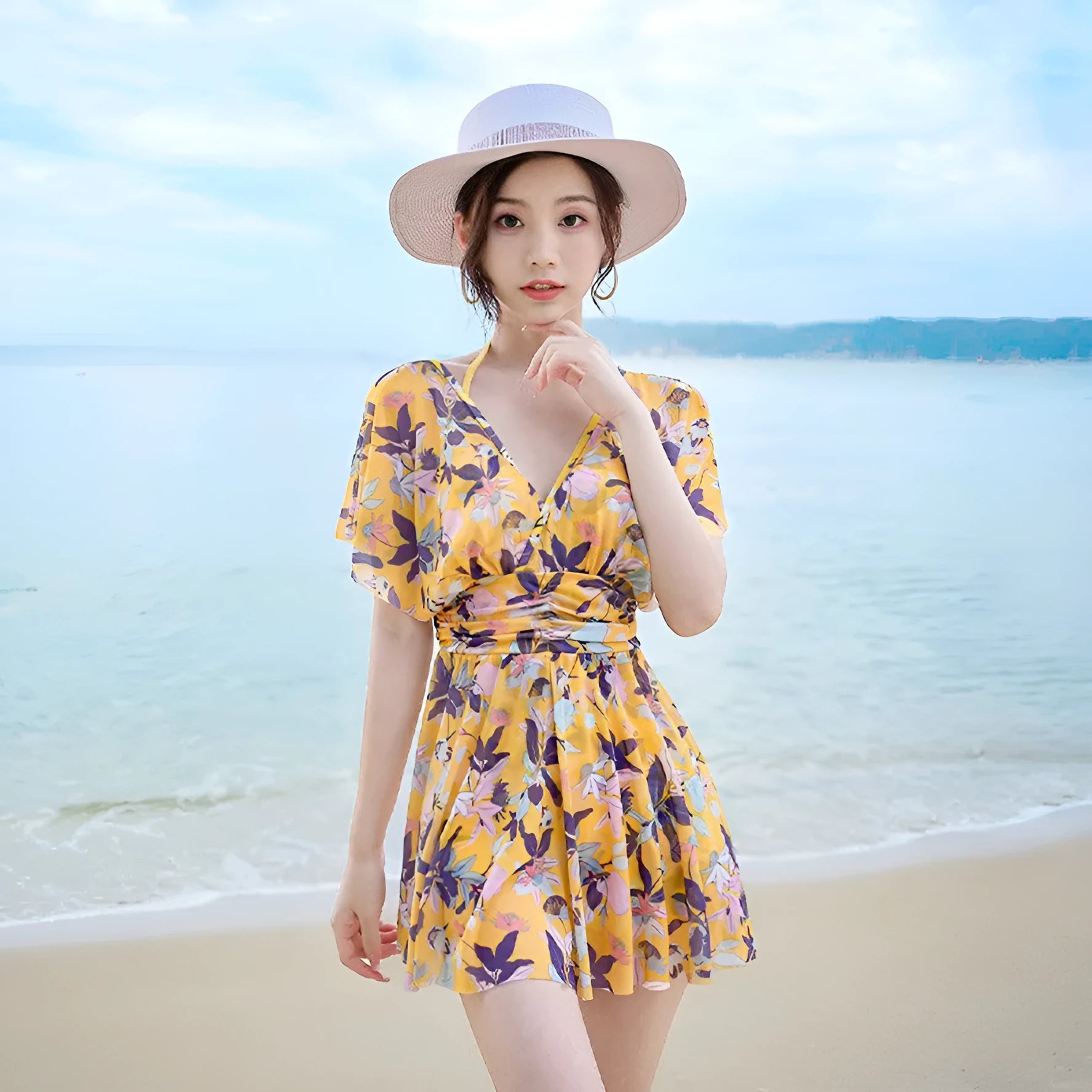 Yellow floral pattern women's one-piece swimsuit in polyester fabric