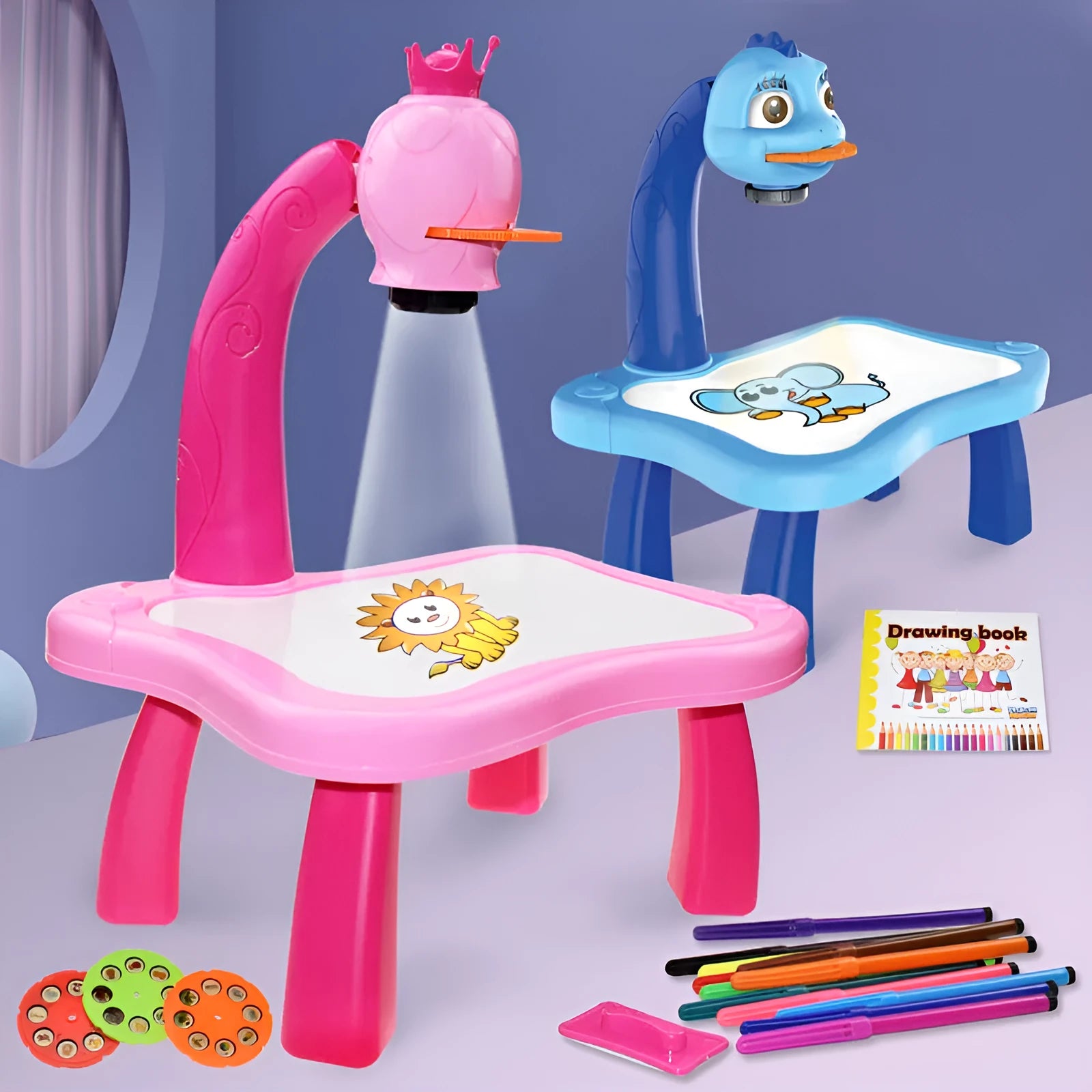 Children's magnetic plastic projection drawing board in blue colour with writing tools