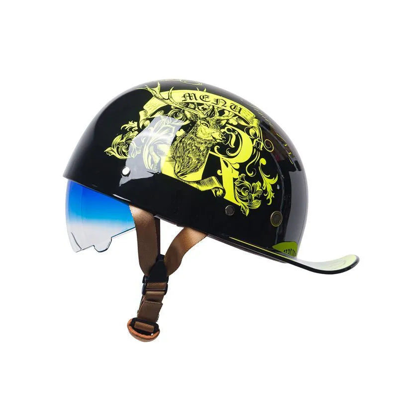 Men's bright black retro half bicycle helmet with integrated gradient blue visor, shown from the side.