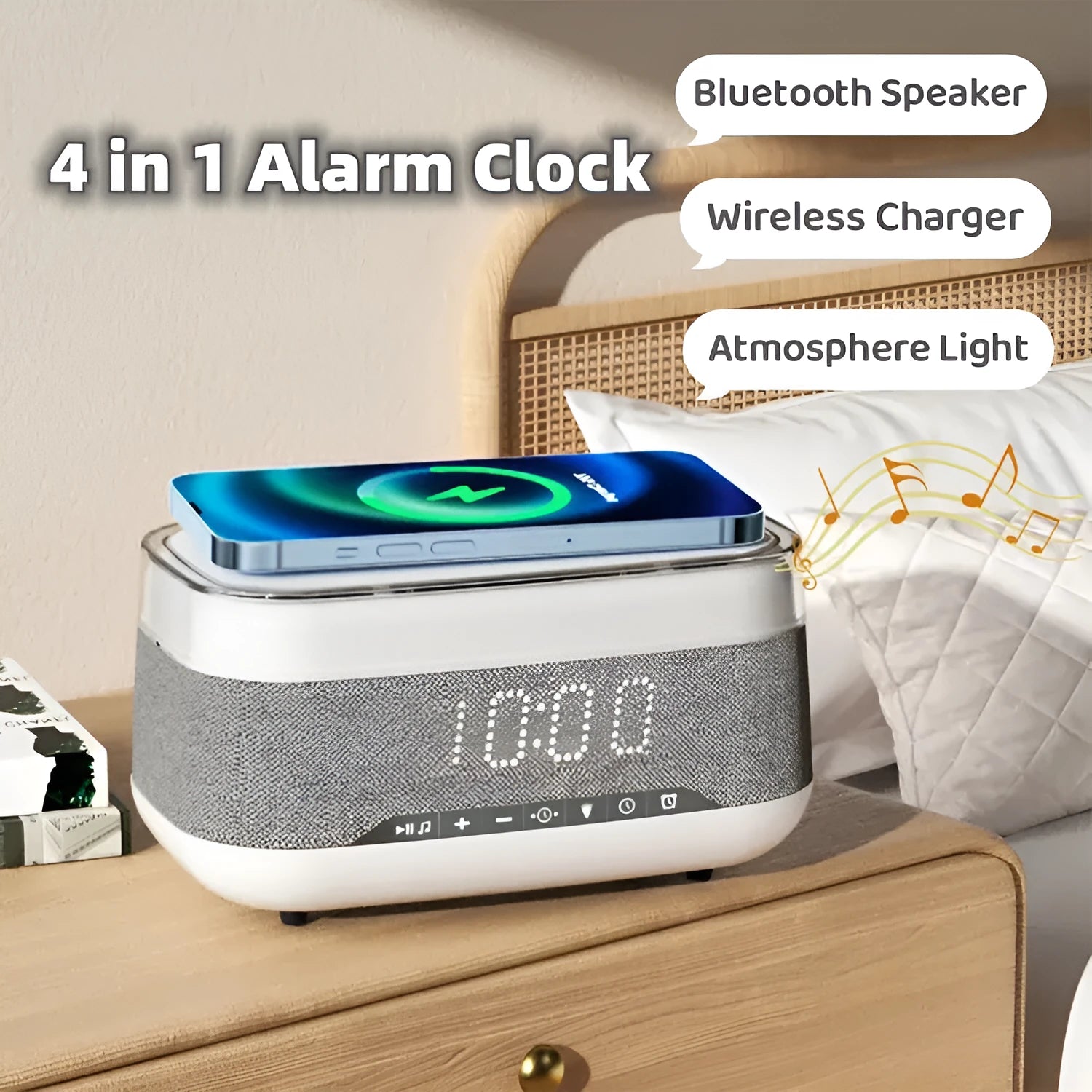 White multifunctional alarm clock with Bluetooth speaker, wireless charging pad, and ambient night light.