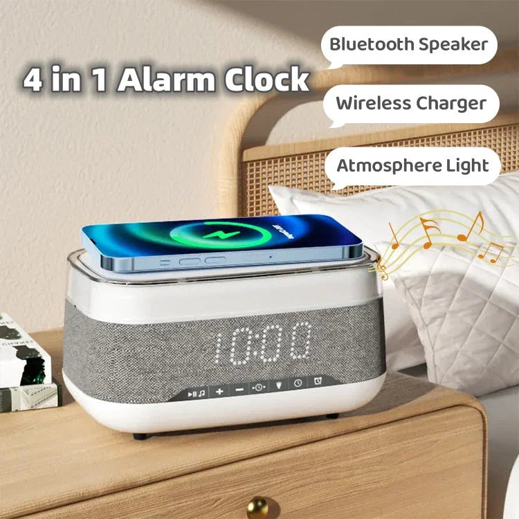 Multifunctional Bluetooth alarm clock with wireless charging, night light, and Bluetooth speaker