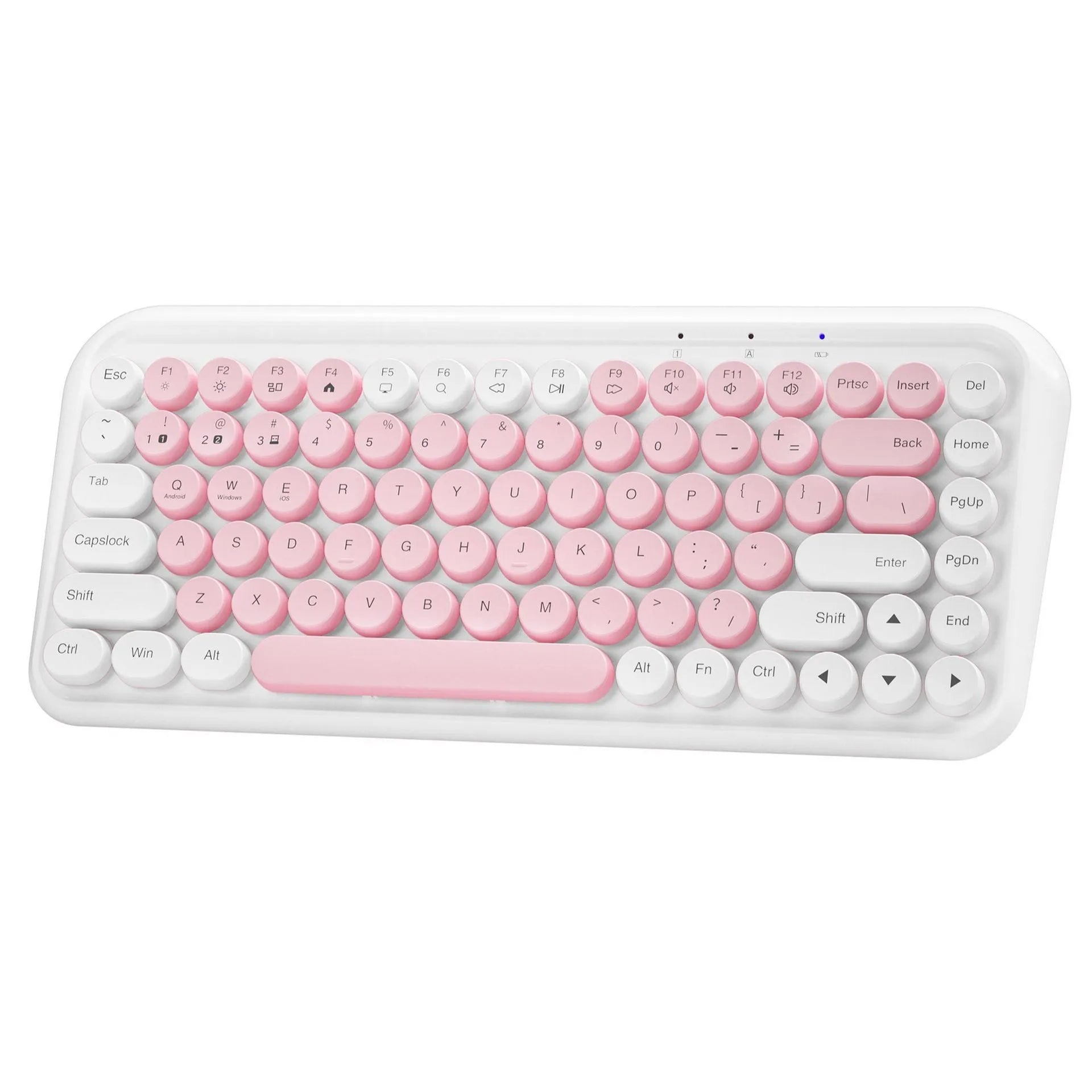 Pink wireless Bluetooth keyboard with 84 keys showing crater architecture button technology