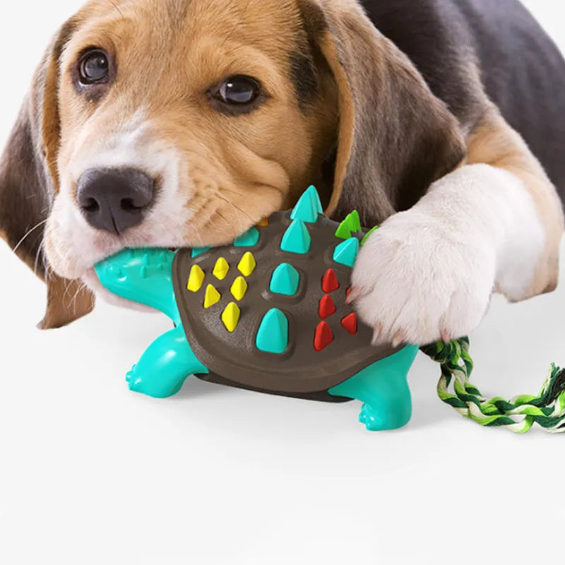 Natural rubber dog toothbrush chew toy with mint flavour and tug-of-war knot tail in assorted colours