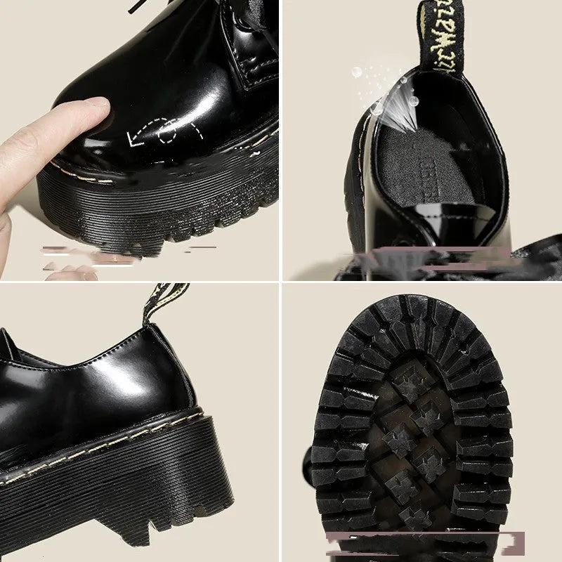 Black and white women's thick-soled small leather shoes with lace-up closure, ribbons, and cross straps.