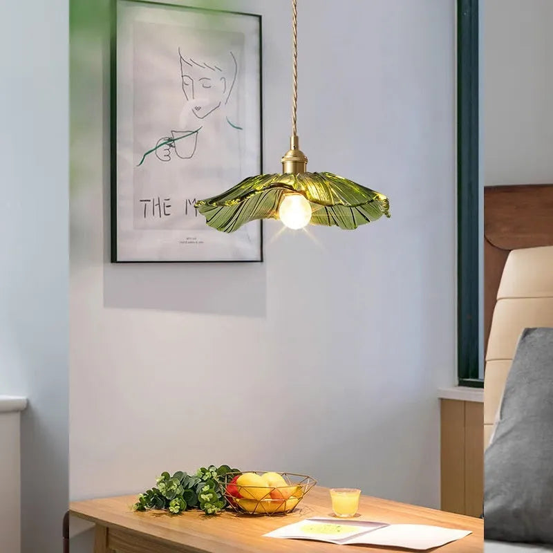 Nordic Lotus Leaf pendant lamp with green glass shade and iron frame