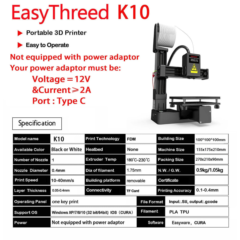 White EasyThreed K10 3D printer on a desktop with power cord and manual.