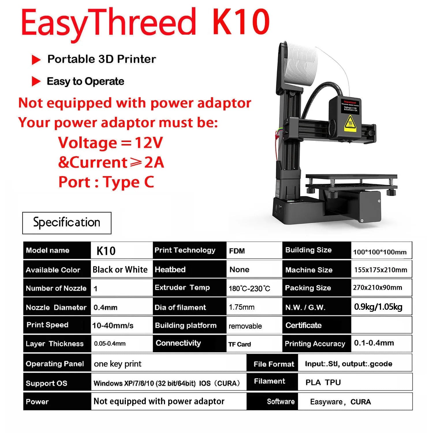 White EasyThreed K10 3D printer on a desktop with power cord and manual.