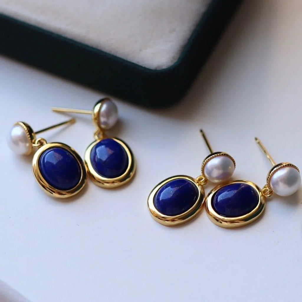 Silver lapis lazuli pearl earrings with auspicious patterns on 925 sterling silver