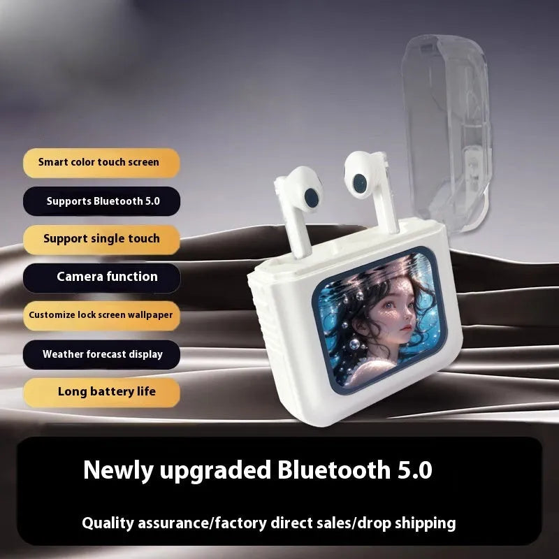 White and grey wireless in-ear Bluetooth headset with a small colour display screen on the earpiece.