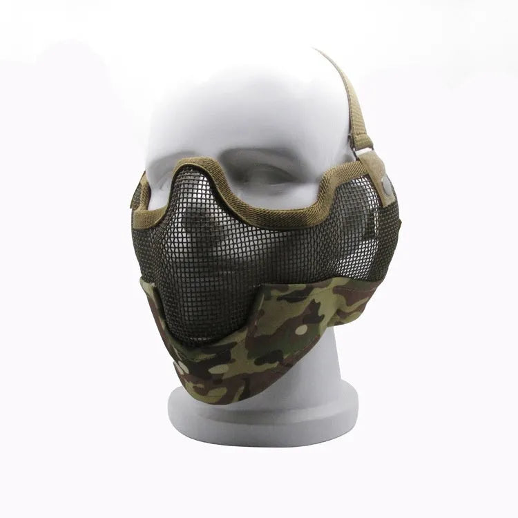 Carbon steel protective face mask in tactical camouflage pattern with head-mounted design for outdoor field defence