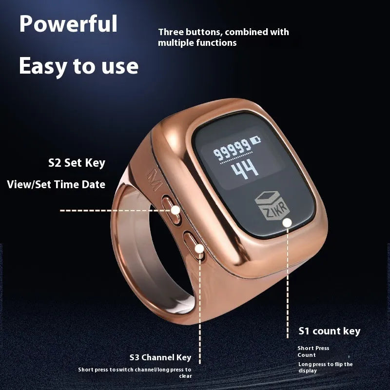 Al-Fatiha zikr counter electronic device with display screen on a black strap.