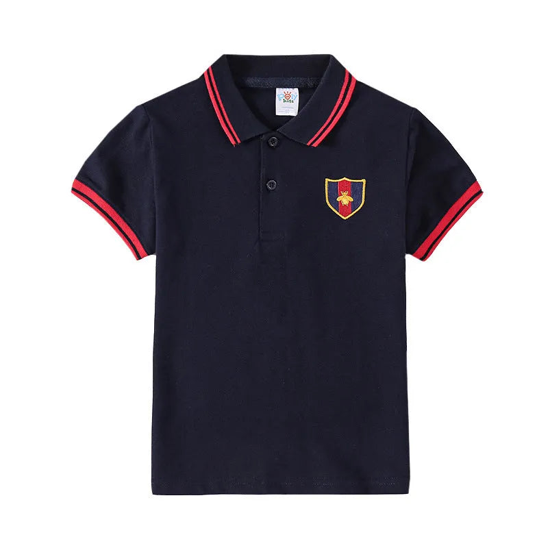 Boy's short sleeve cotton T-shirt with a lapel collar in a solid colour.