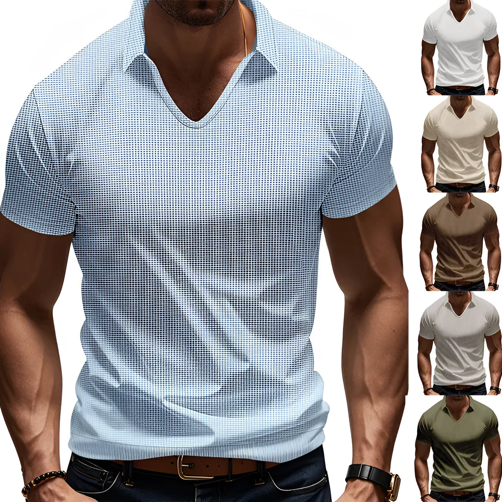 Men's V-neck loose fit casual T-shirt in cotton blend fabric with short sleeves for summer wear