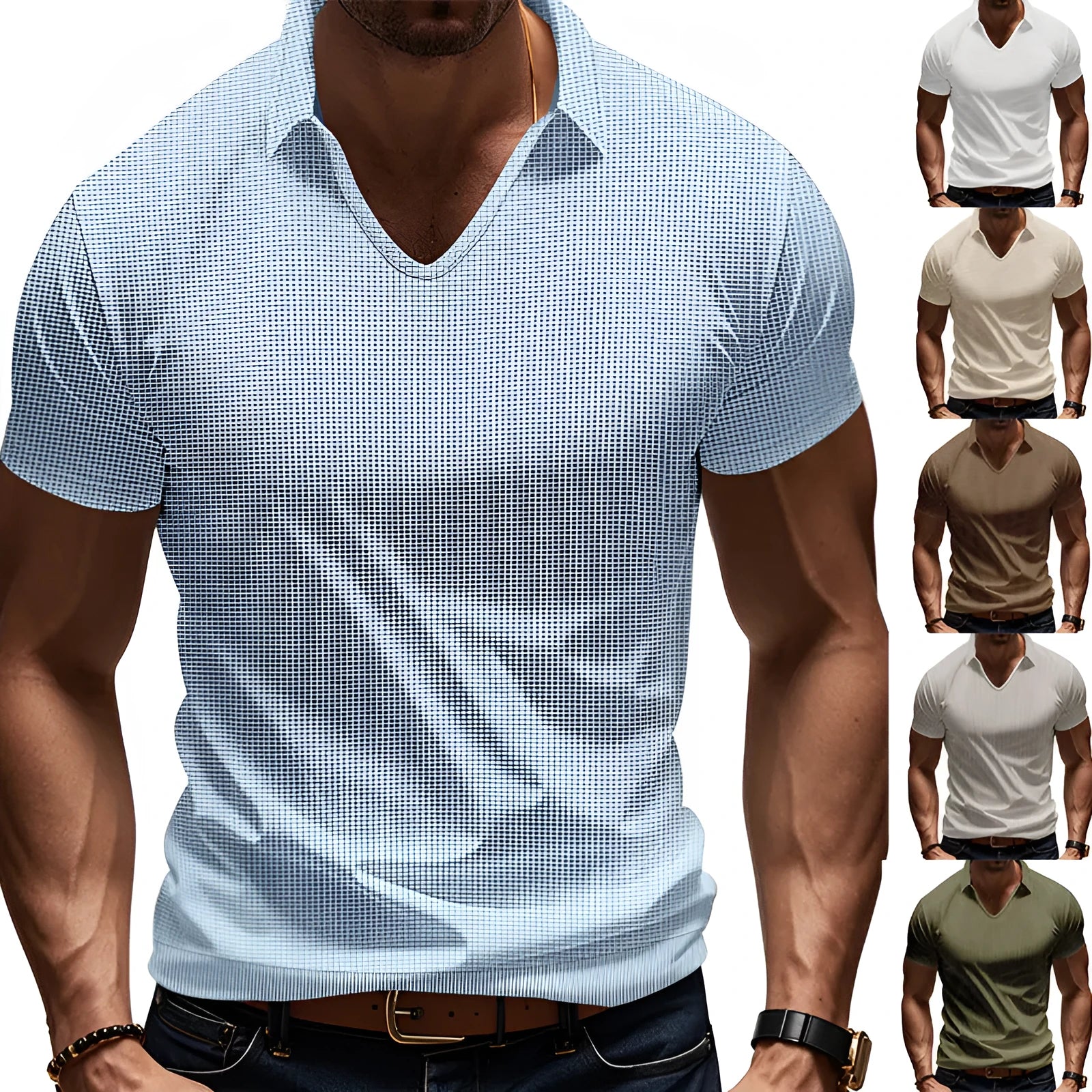 Men's V-neck loose fit casual T-shirt in cotton blend fabric with short sleeves for summer wear