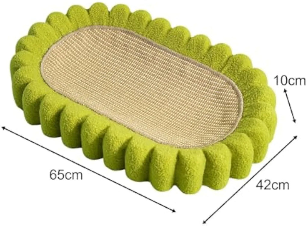Green oval cat scratcher pad with sisal surface serving as scratching area and cat bed