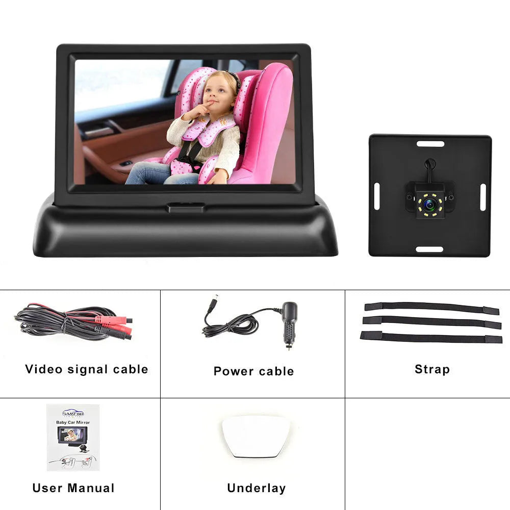 Black 12-24V folding screen baby car monitor with infrared camera on dashboard