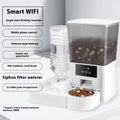 Pet intelligent feeder with stainless steel bowl showing four model options with video and voice calling features