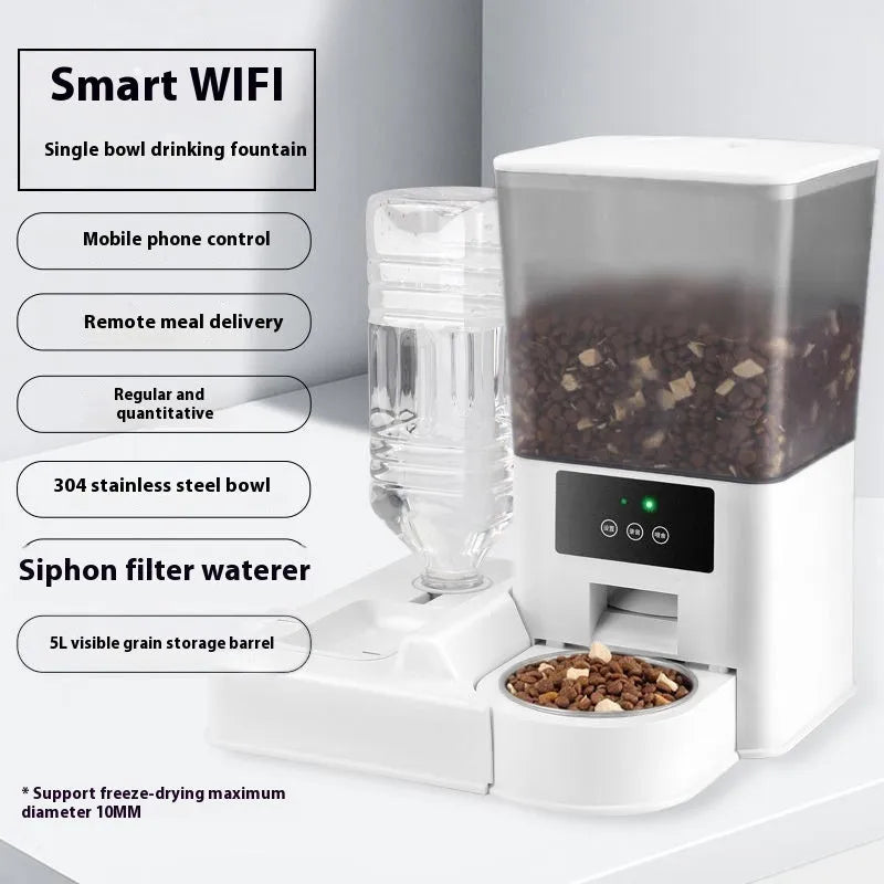 Pet intelligent feeder with stainless steel bowl showing four model options with video and voice calling features