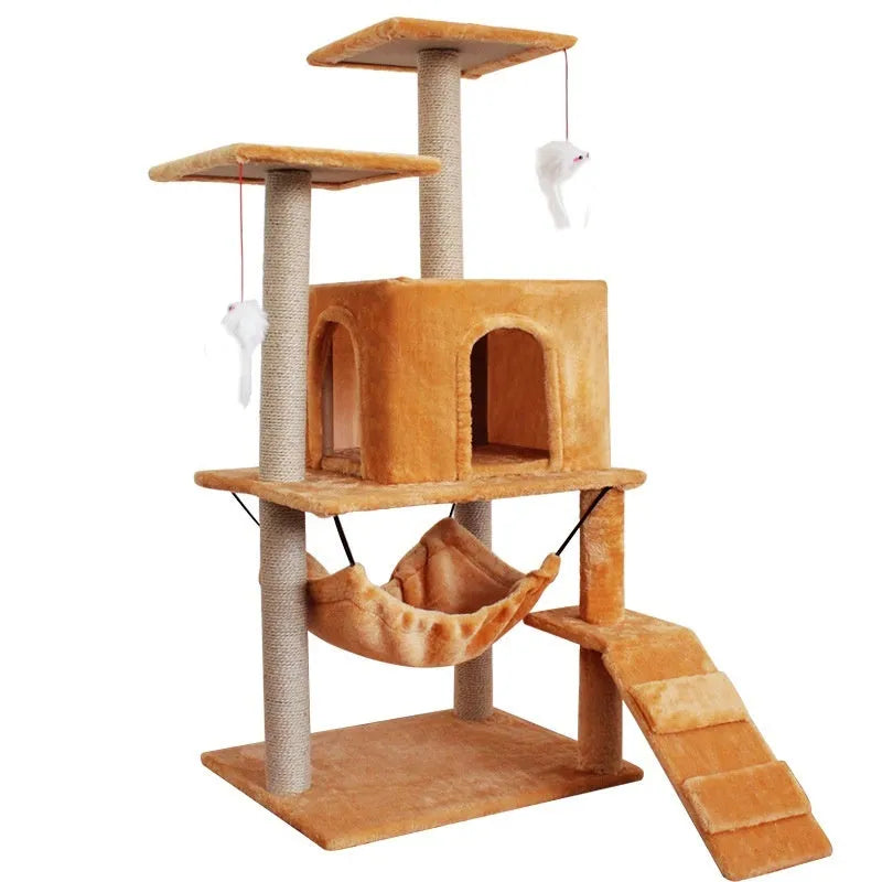 Cat climbing frame with scratching post made from environmentally friendly board in beige colour
