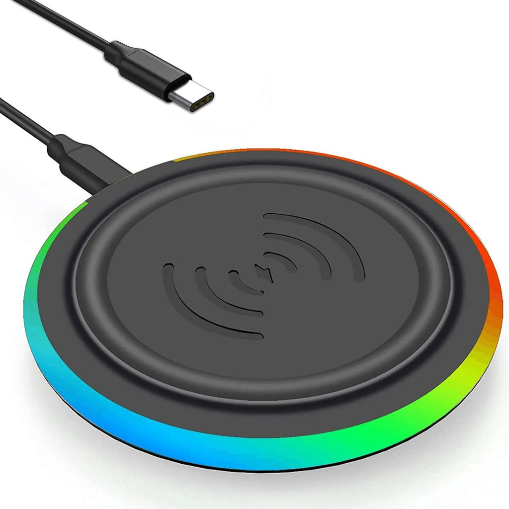 Ultra-thin round 10W wireless phone charger with Type-C input on a desk