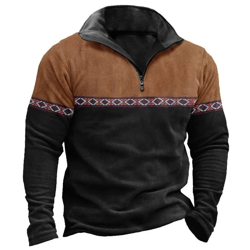 Retro patchwork design polo shirt with zip front in cotton blend fabric.