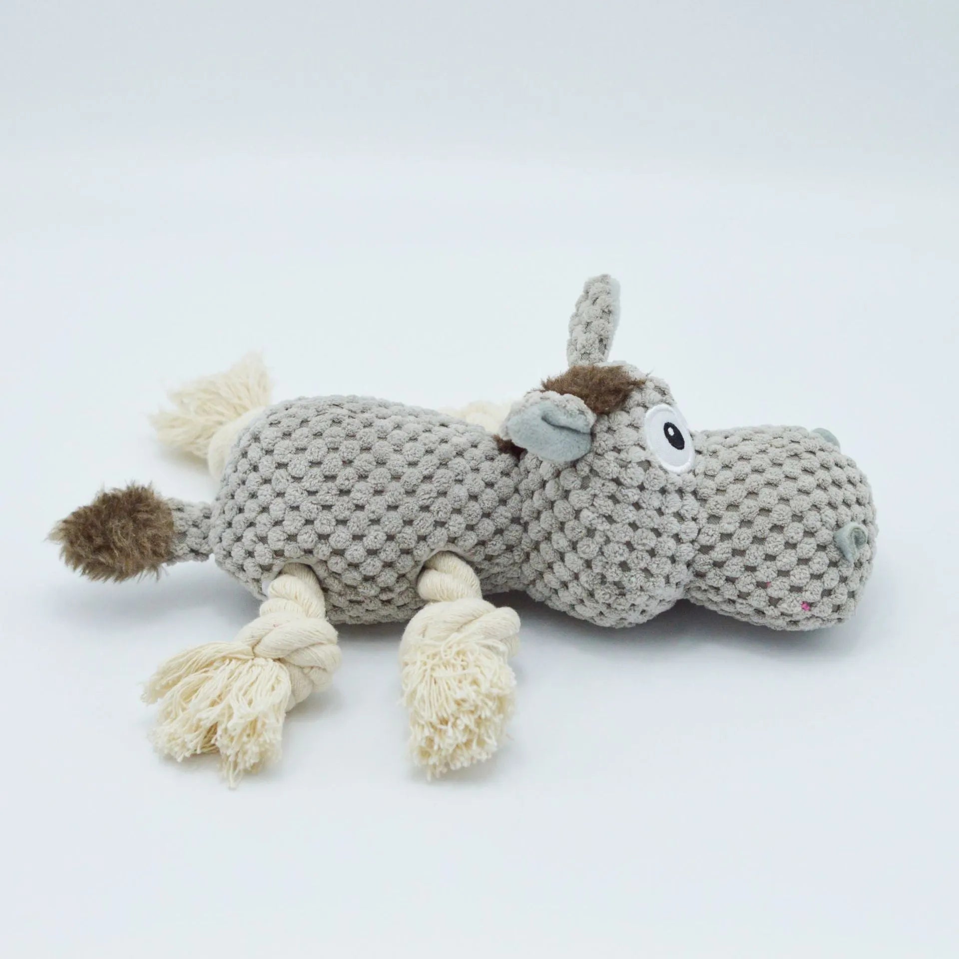 Grey donkey-shaped plush dog toy with cloth velvet texture and creak sound mechanism