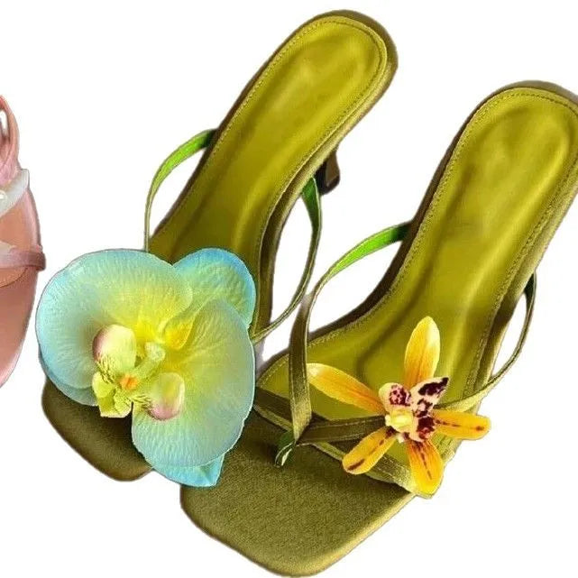 Women's handmade calf leather high heel sandals with asymmetric flower design and square toe in black