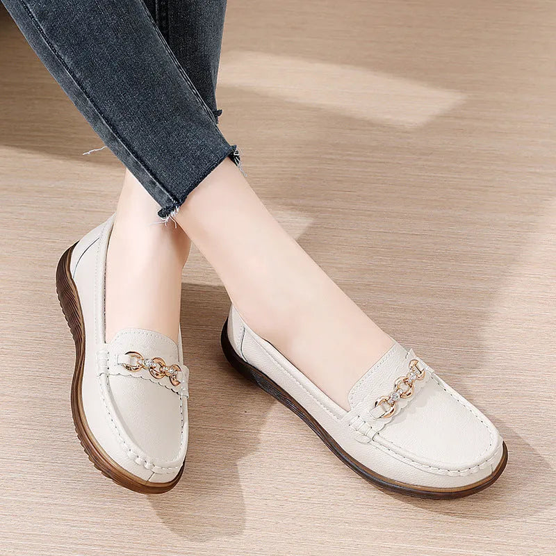 Women's flat shoes in grey, white, or black with low heel and non-slip sole, sizes 35-41