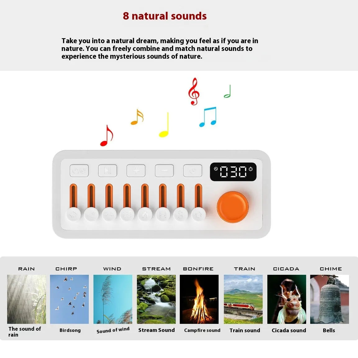 White Noise Sleep Sound Machine DIY Bluetooth-compatible Stereo Light RGB Seven-color Atmosphere Night Light with 8 Sleep Sounds and 2600mAh Battery