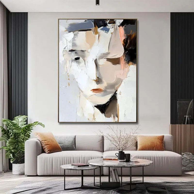 Abstract woman portrait hand-painted oil painting on canvas, modern black and white vertical one-panel wall art, unframed