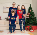 Matching red plaid Christmas pyjamas with cartoon deer print for men, women, children, babies, and dogs.