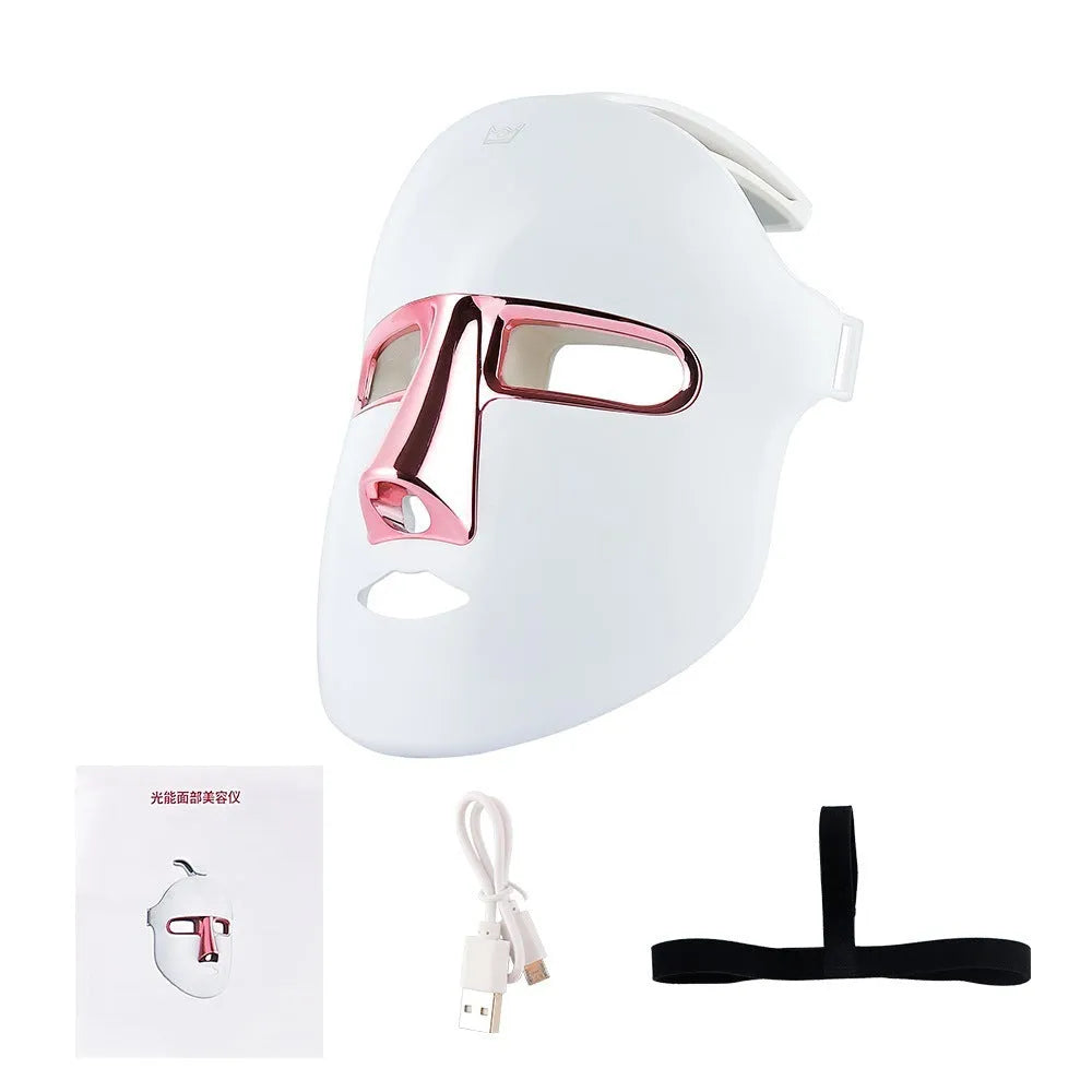 Rose Gold LED facial mask with seven colour lights and elastic band for home use