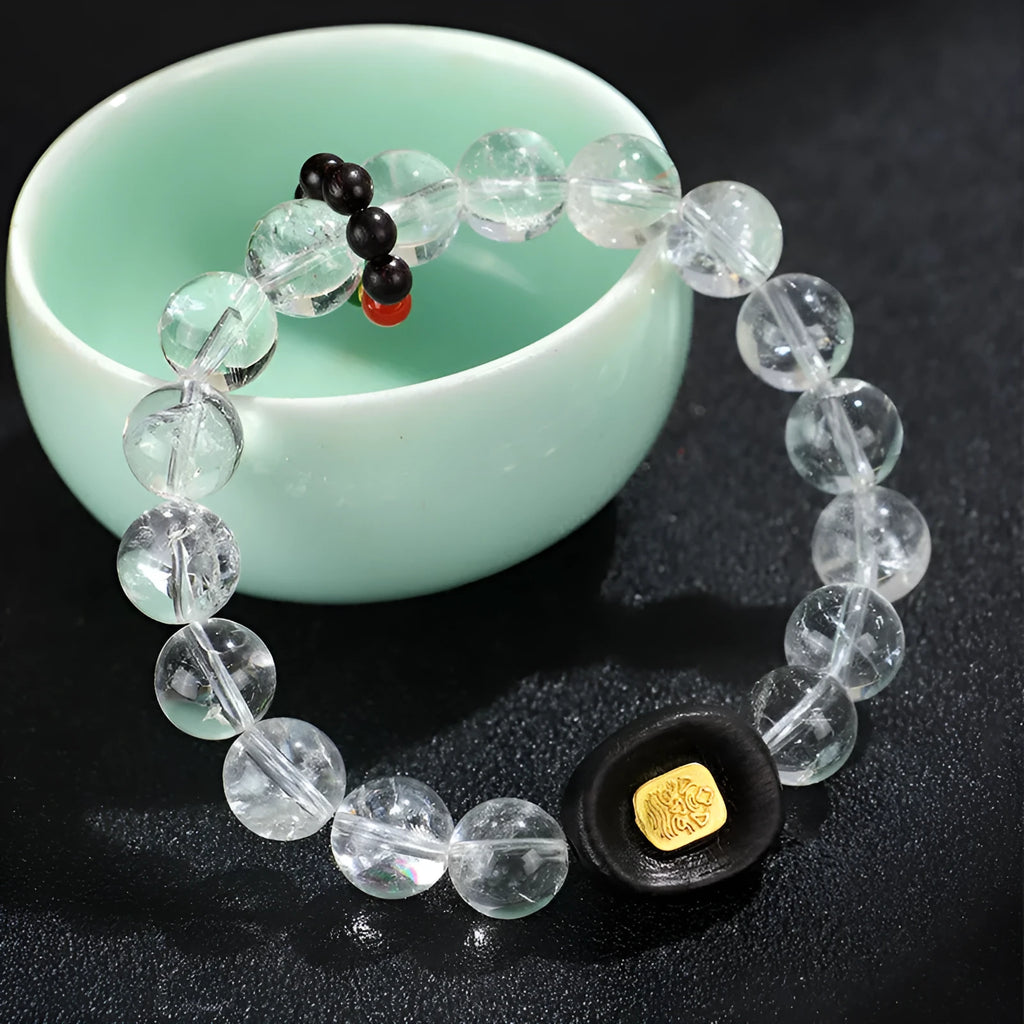 Natural white crystal ebony five bead ethnic bracelet with adjustable fastening