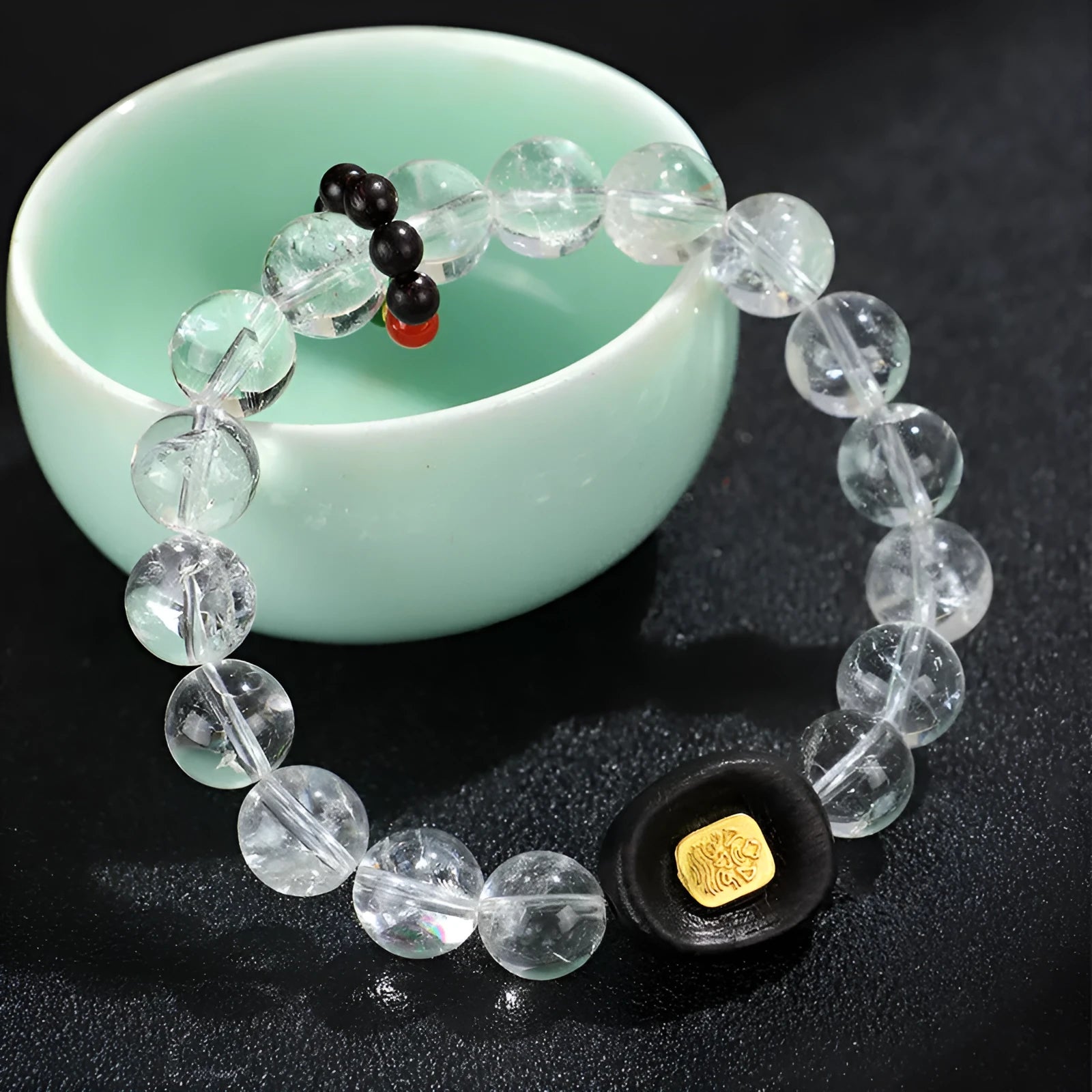 Natural white crystal ebony five bead ethnic bracelet with adjustable fastening