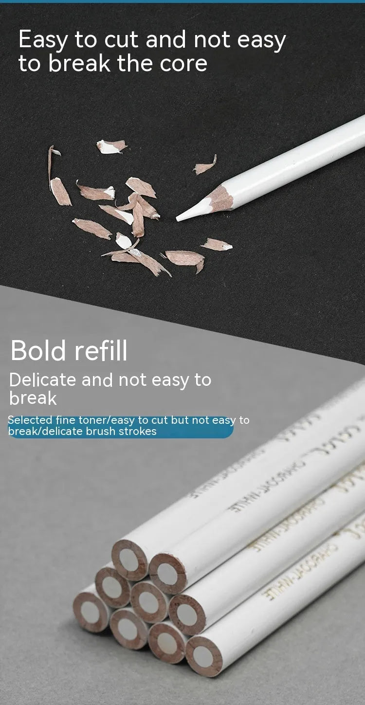 Set of three white powder lead sketching pencils with wooden barrels for dark paper drawing.