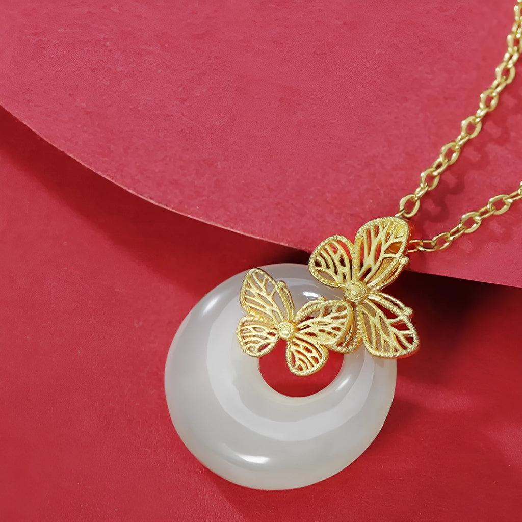 Chinese Hetian jade necklace with 925 sterling silver butterfly peace buckle pendant on cross chain
