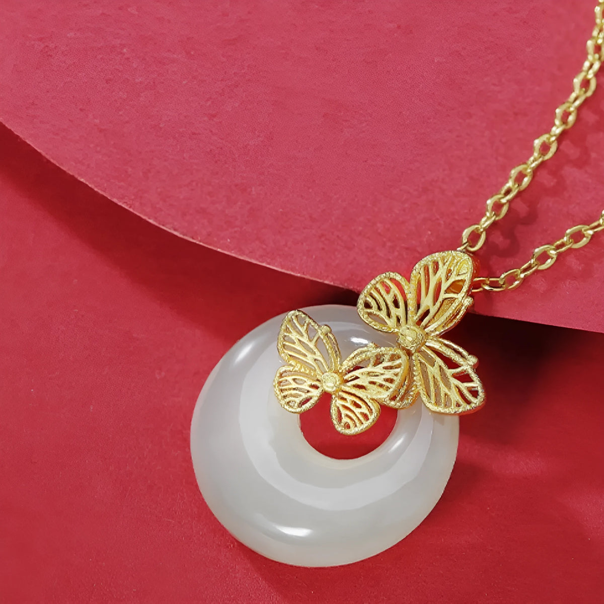 Chinese Hetian jade necklace with 925 sterling silver butterfly peace buckle pendant on cross chain