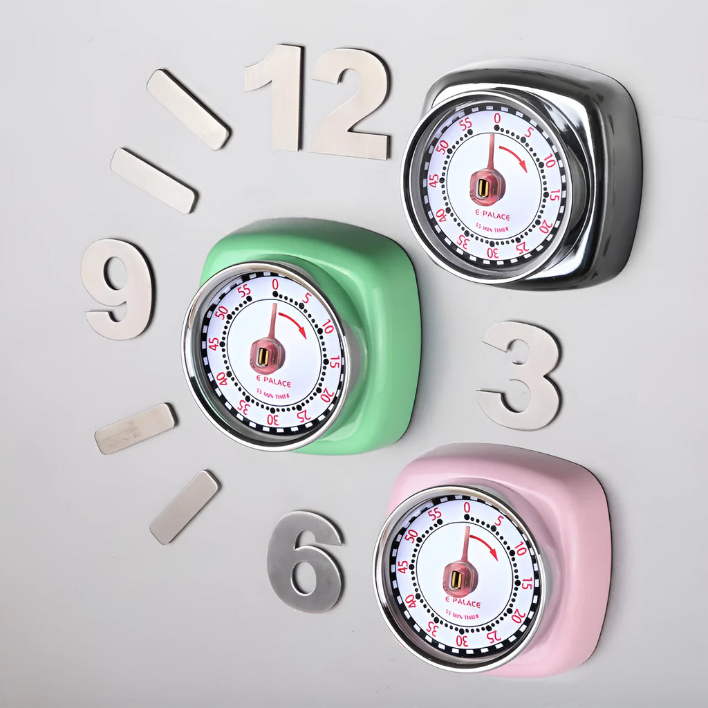 Metal kitchen baking timer clock in square circle shape with green, pink, or mirror light colour options