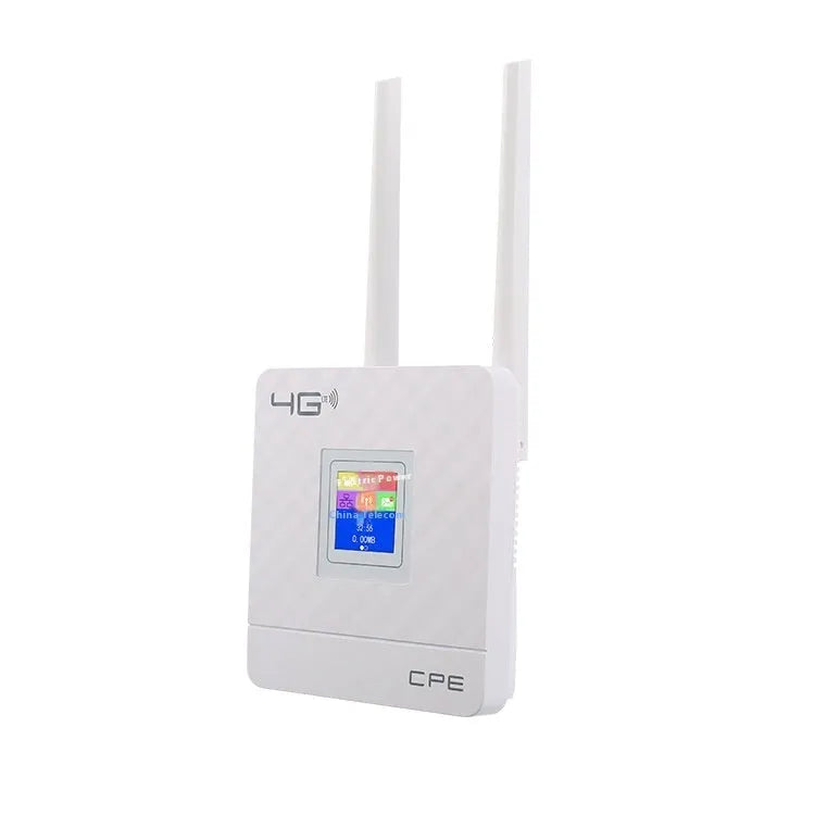 Home office LTE router with two antennas, DC power interface, and international power supply options