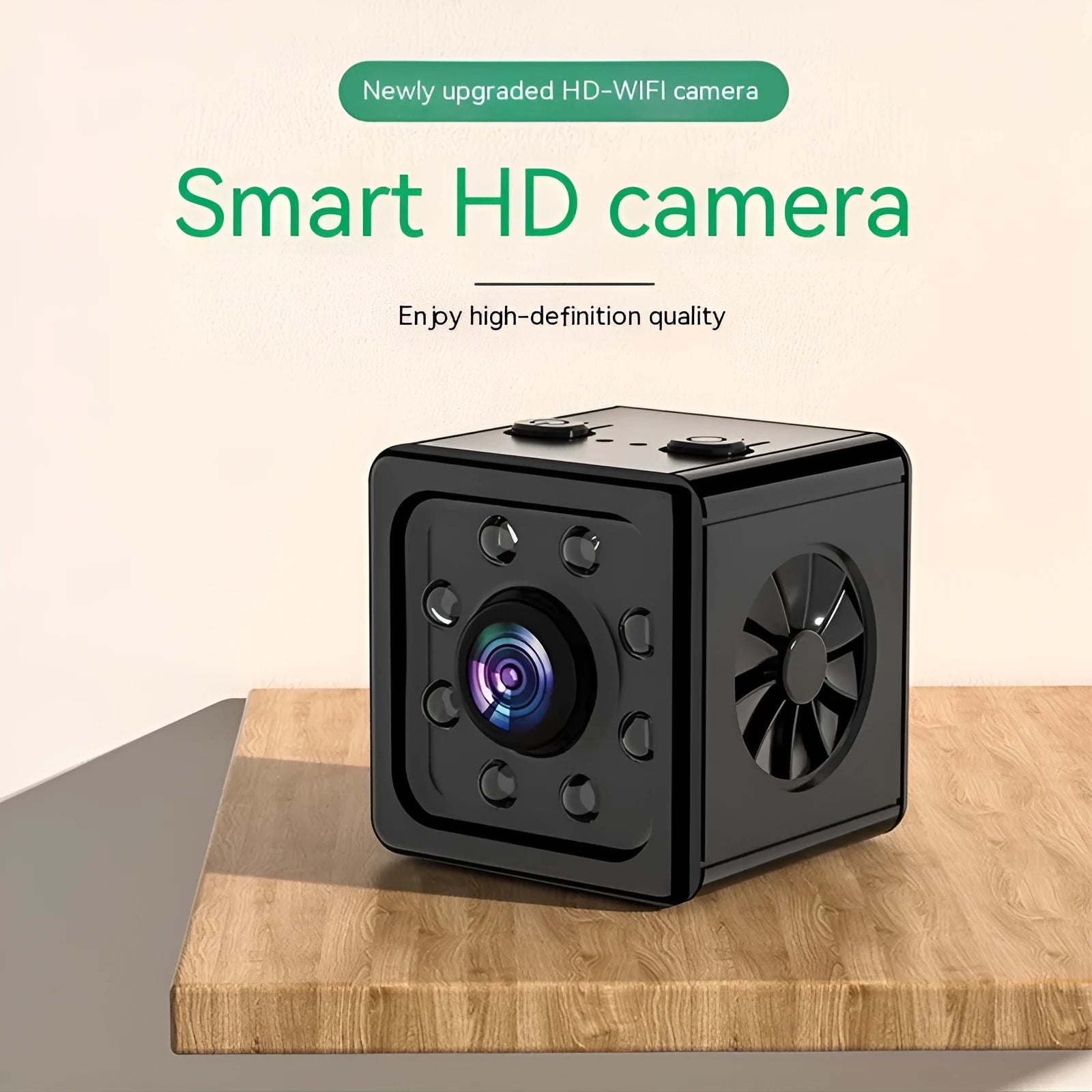 Black cubic network security camera with sports tracking function mounted on included bracket