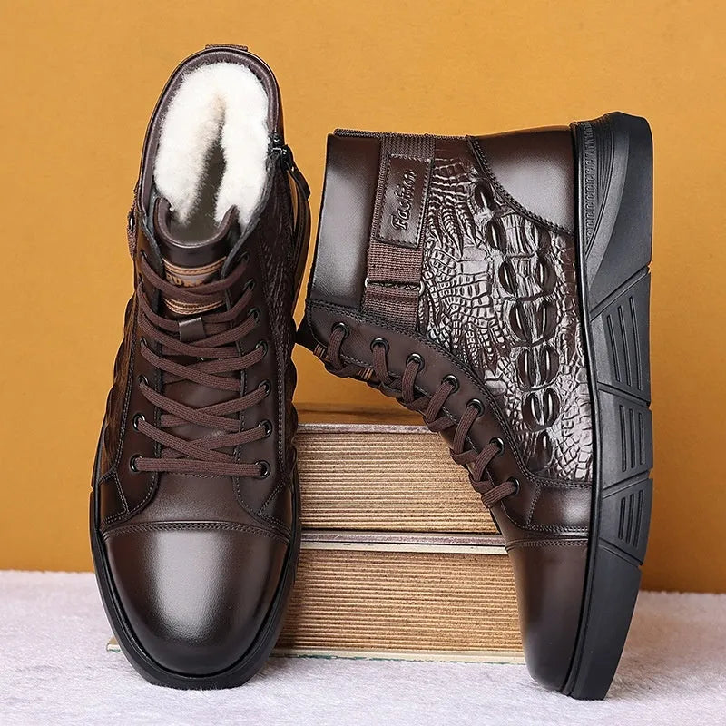 Men's black genuine leather snow boots with fur lining, velvet toe accent, and a lace-up front.