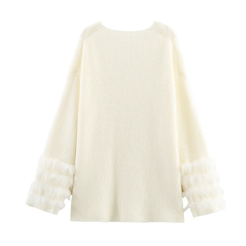 Women's white V-neck furry knitted dress with cuffed long sleeves, straight cut, sizes S M L