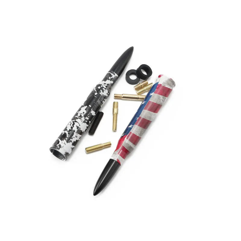 14cm bullet car antenna in black, camouflage green, and American flag finishes
